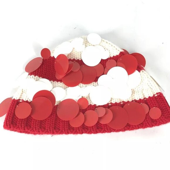 PRADA Sequin Knit hat Cashmere Red/White Unused - Picture 6 of 16